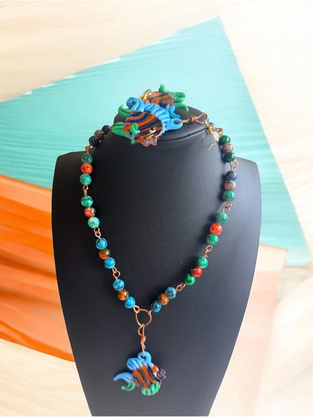 Handmade Multicolor Bead Necklace with Blue & Green Fish Pendant